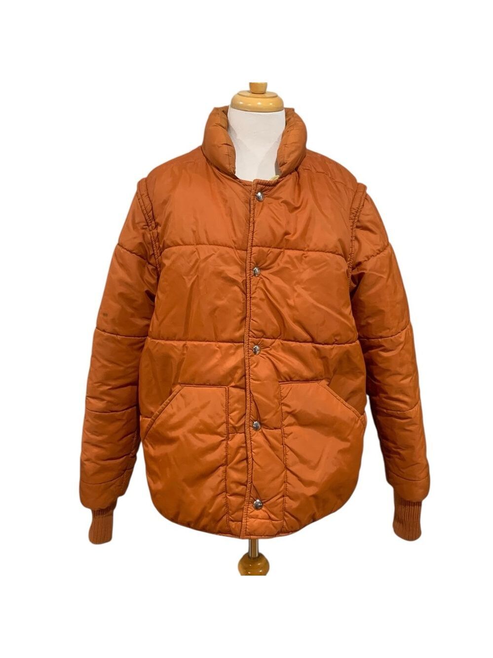 Vntg 70’s orange puffer jacket w/ removable sleeves sz L flawed